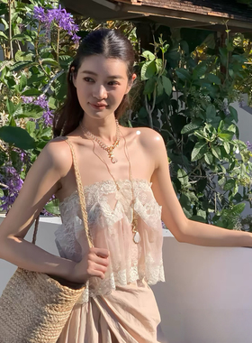 一枝南南新款Cello 26春 粉色蕾丝褶皱打底抹胸上衣两穿半身裙