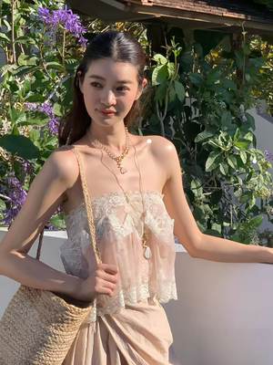 一枝南南新款Cello 26春 粉色蕾丝褶皱打底抹胸上衣两穿半身裙