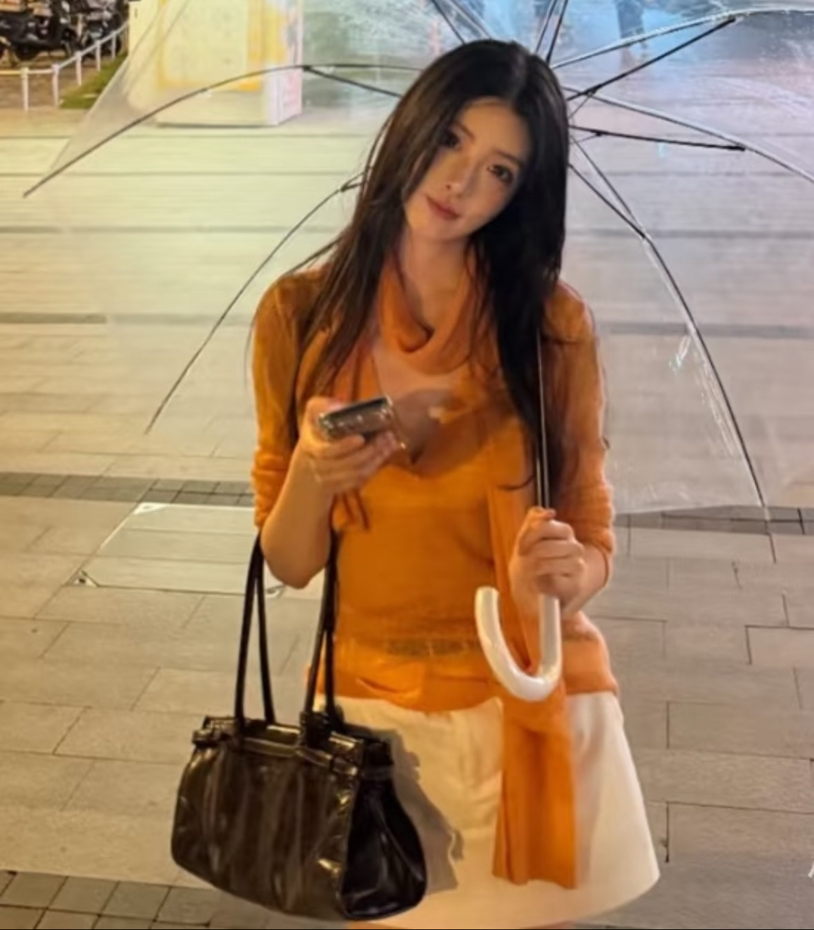 柳柳同款显瘦设计感修身长袖针织衫配围巾小众辣妹微透V领毛衣秋