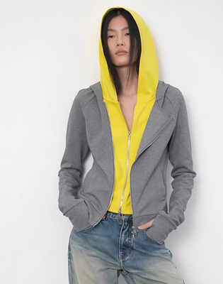 RARELY 假两件连帽斜襟撞色卫衣 深灰柠黄/浅灰黑灰条纹