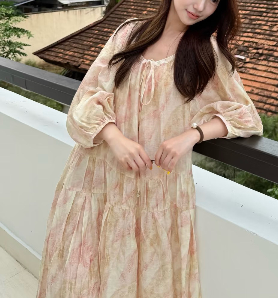 钱美西 法式晕染天丝亚麻大裙摆七分袖连衣裙 高级漂亮小裙子女夏