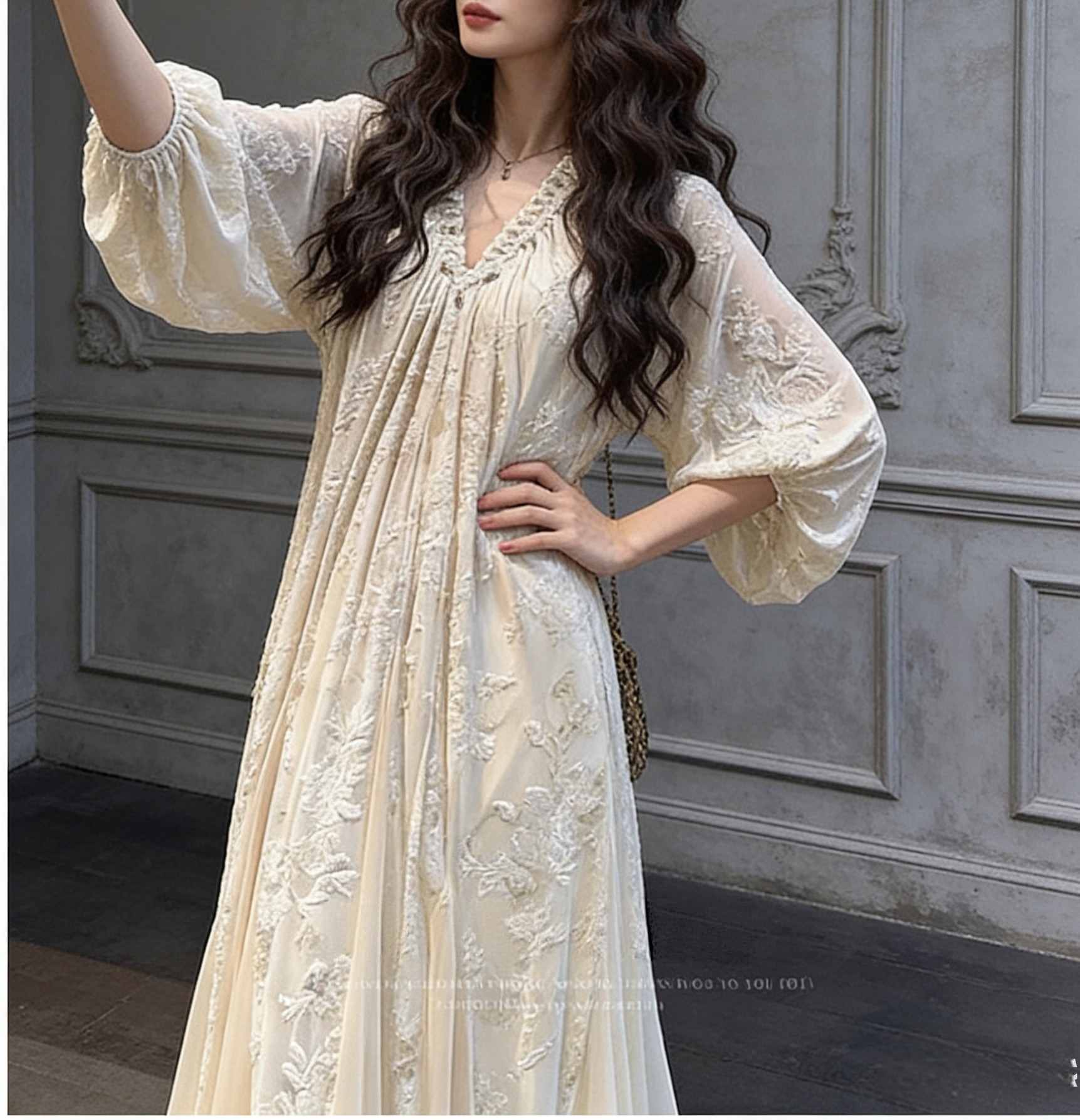 三吉黑花【阑珊】新中式烫金烧花早春漂亮连衣裙冰花绒长裙子绝美