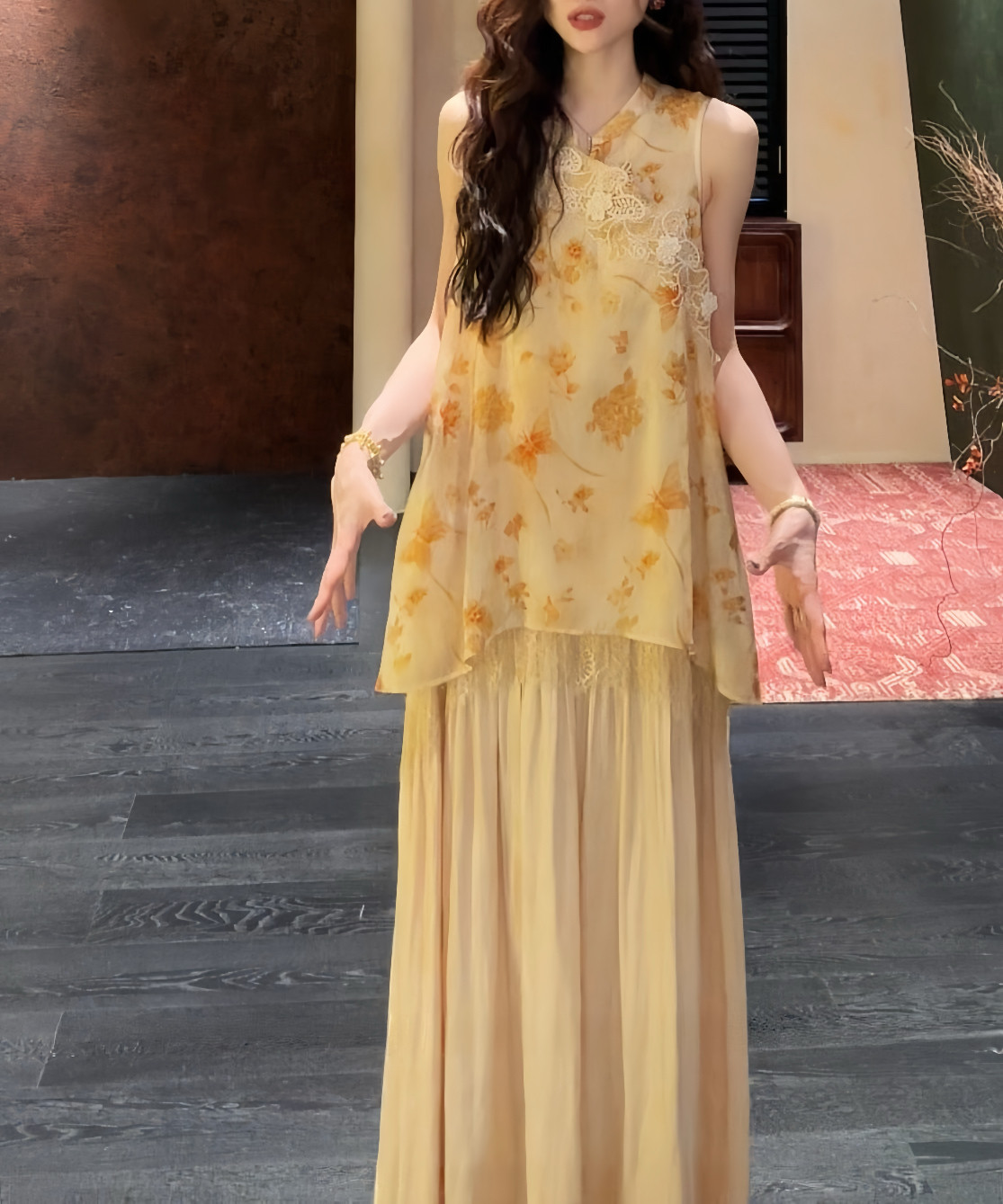 三吉黑花「6/18日20点」【念悠悠】人丝织金印花晕染假两件旗袍裙