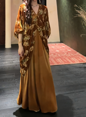 三吉黑花【锦上花】新中式国风丝绒烂花连衣裙子秋季巨好看的长裙