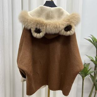 海宁女士皮草双面呢狐狸毛连帽耳朵时尚保暖外套