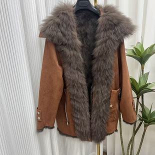 海宁女士麂皮绒狐狸毛大翻领内里兔毛皮时尚保暖外套