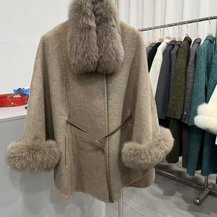 海宁女士时尚 保暖双面呢狐狸毛防风斗篷大衣保暖外套