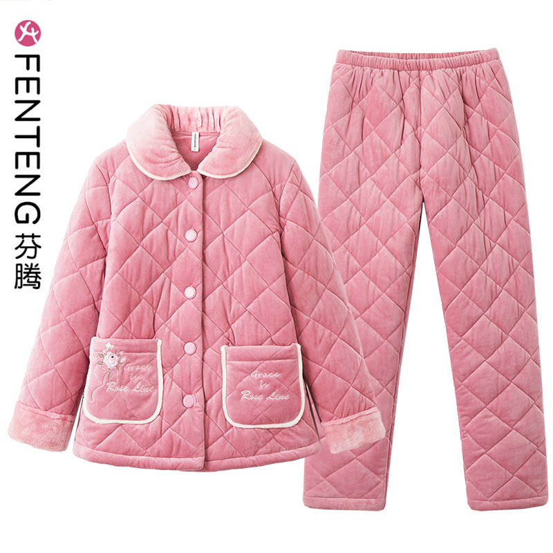 芬腾秋冬季珊瑚绒三层夹棉睡衣女士保暖加绒加厚法兰绒家居服棉袄,女士内衣/男士内衣/家居服,睡衣/家居服套装,淘宝优惠券,粉丝福利购,淘宝优惠卷