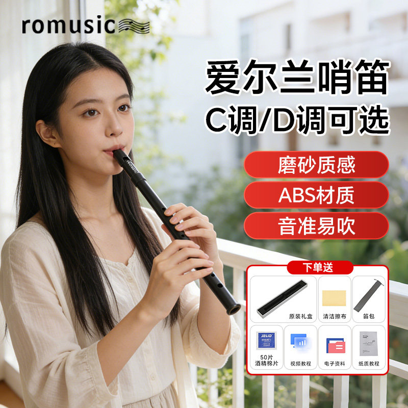 romusic爱尔兰哨笛树脂初学者金属笛子6孔C调D调高低音直笛竖笛