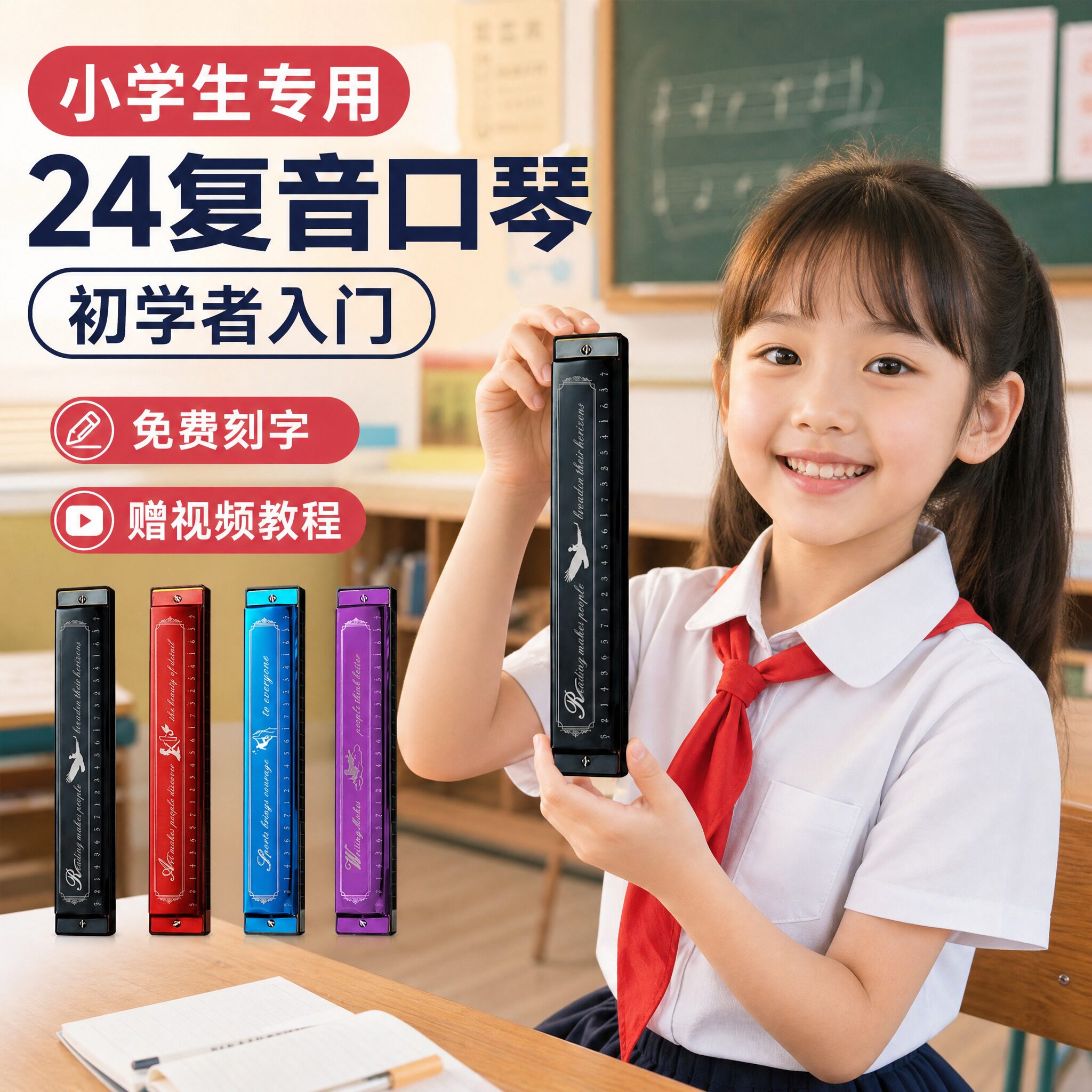 romusic口琴24孔复音c调初学者入门儿童小学生专用成人官方旗舰店