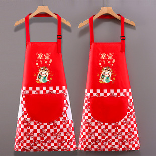 喜庆大红色过年做菜应景围兜兜围裙防水防油污新年卡通饭店围腰