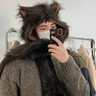 SUPERWZM朋克亚比仿皮草帽子围脖手套三件套冬季保暖狐狸耳围巾帽