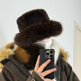 复古仿皮草盆帽男女冬季保暖防寒显脸小渔夫帽出游毛绒边蒙古帽子