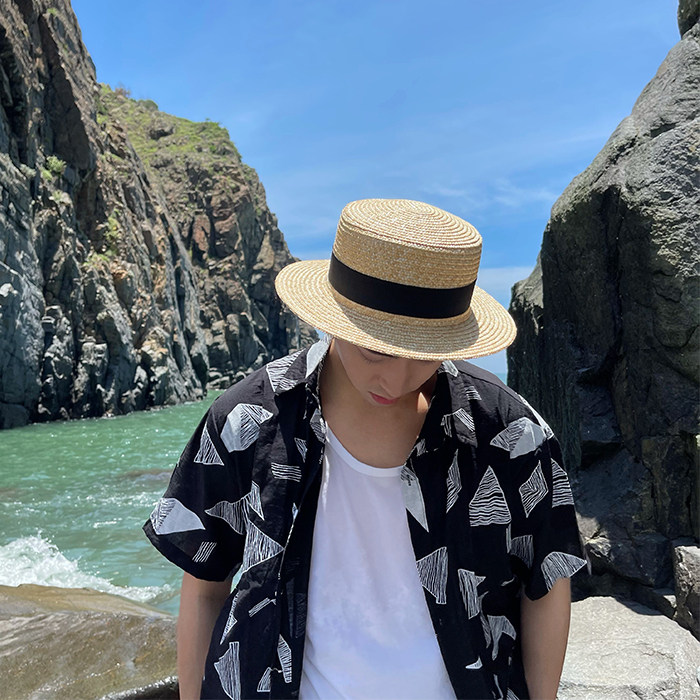 度假草帽男出游海边平沿帽子