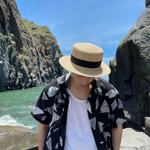 SUPERWZM夏天小清新麦秆平顶草帽男潮海边百搭遮阳英伦平沿礼帽女