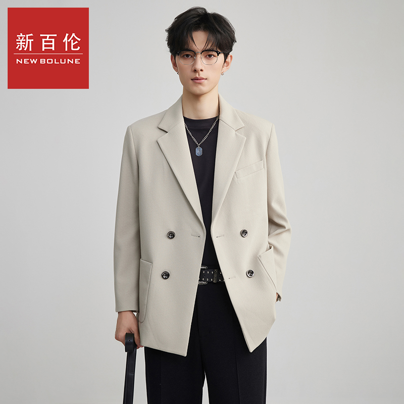 新百伦秋季新款双排扣宽松休闲西服外套男款高端商务通勤长袖西装