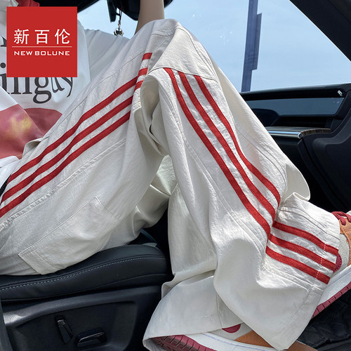 新百伦美式高街条纹休闲裤男2026夏季薄款透气速干舒适宽松直筒裤