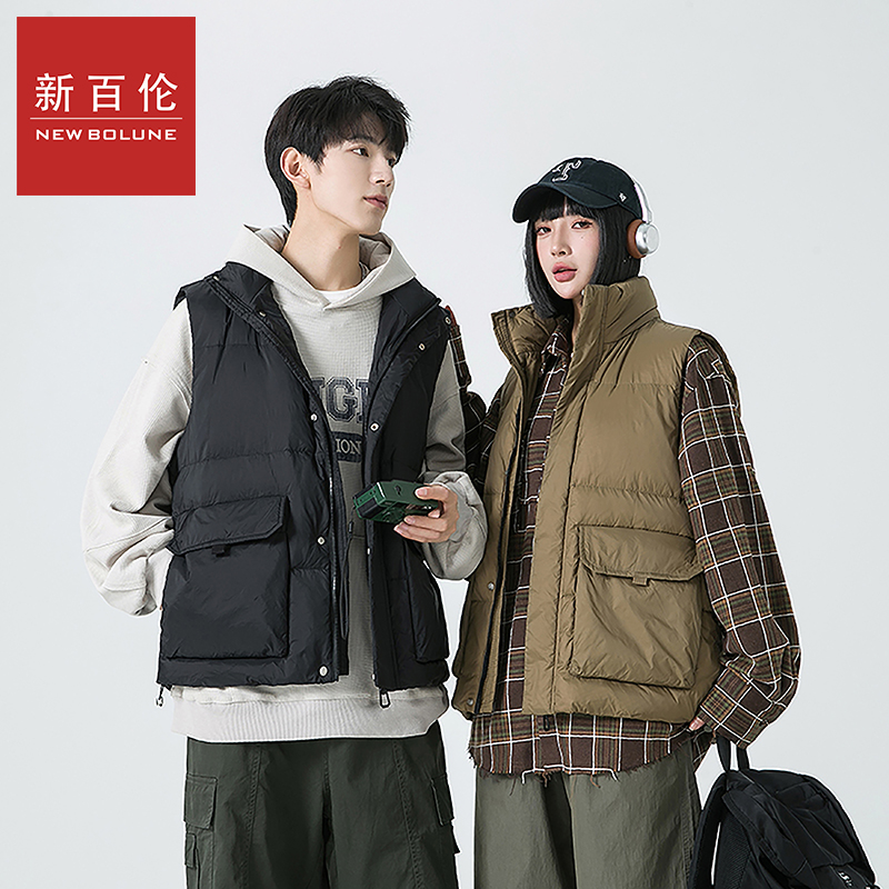新百伦立领秋冬款白鸭绒马甲羽绒服情侣款时尚加厚短款面包服外套