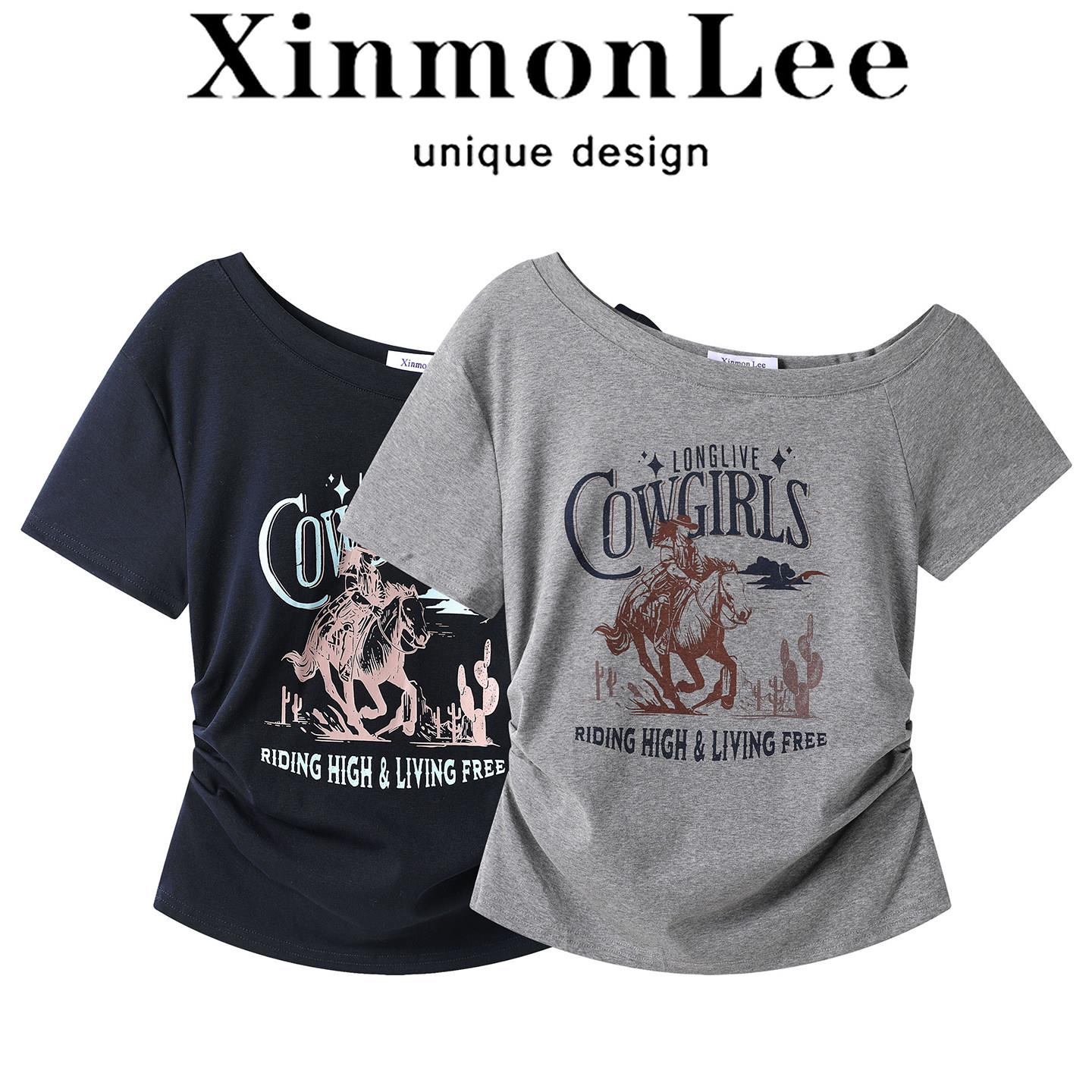 XinmonLee高级感复古斜领露肩印花短袖T恤夏季修身显瘦短款上衣女