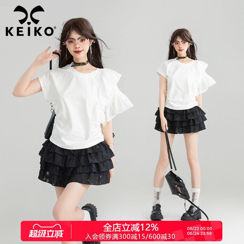 KEIKO不对称荷叶袖拼接白色t恤女夏季小众设计棉质圆领短袖上衣