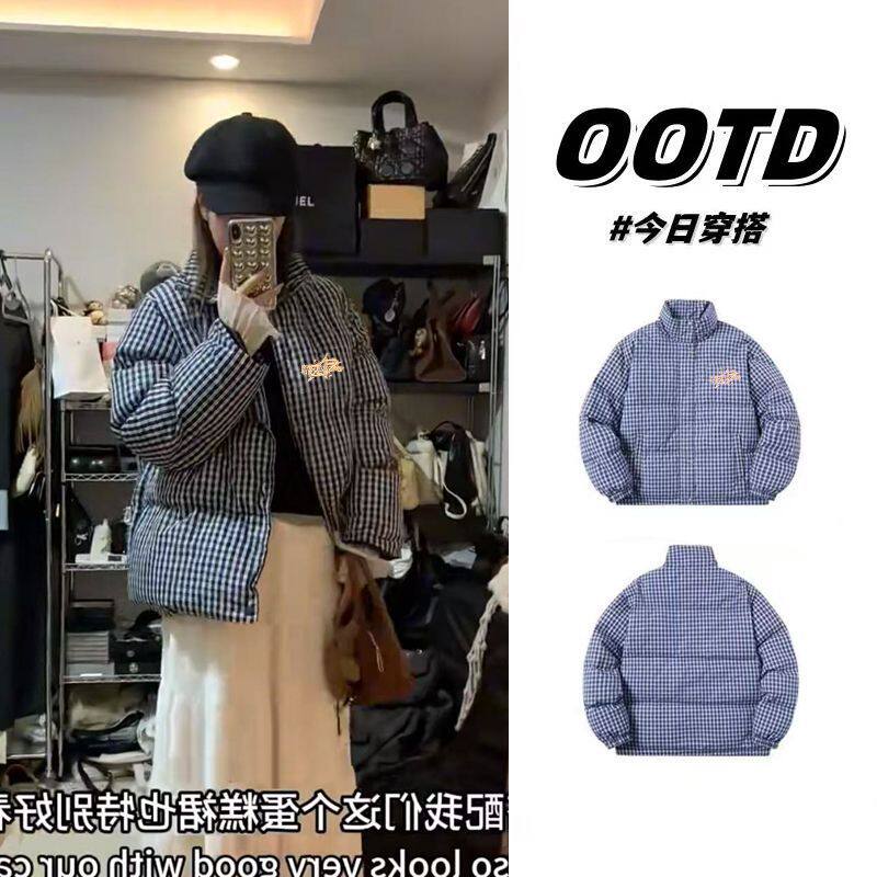 复古宽松刺绣条纹格子棉服外套女冬季加厚保暖叠穿长袖棉衣男棉袄
