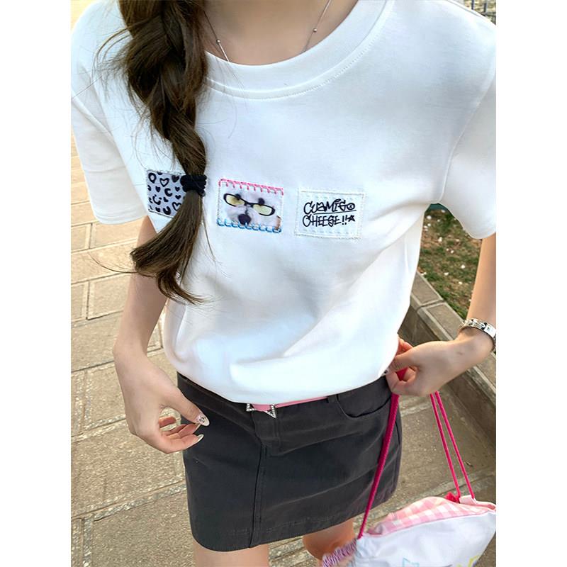 CCKOK 简约小猫咪贴布绣正肩T恤夏季ins少女修身小众短袖图片