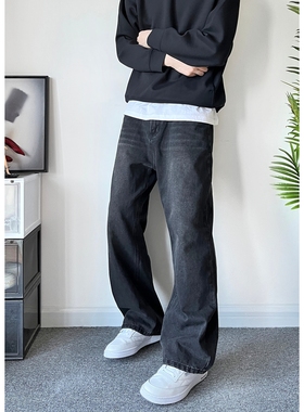 POPLAR CLASSIC做旧复古水洗黑vibe廓形宽松直筒水波纹牛仔裤长裤