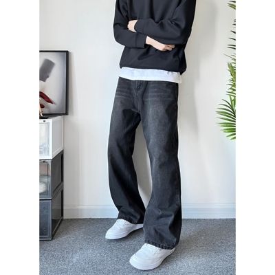 vibe风宽松直筒水洗黑牛仔裤