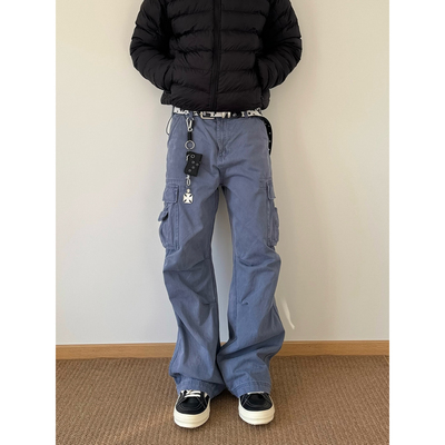 法工蓝复古水洗宽松做旧工装裤