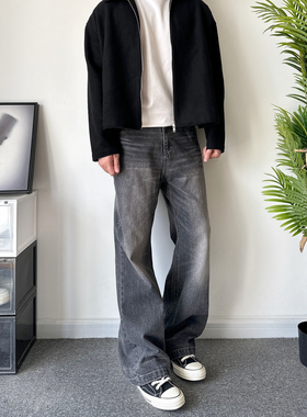 POPLAR CLASSIC水洗做旧猫须A字阔腿复古显高clean直筒牛仔长裤男