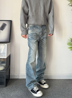 POPLAR CLASSIC 复古奶油冰蓝猫须直筒微喇cleanfit牛仔长裤男女