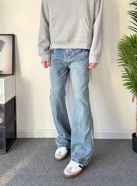 POPLAR CLASSIC冰蓝闪电纹复古牛仔裤男女cleanfit直筒微喇宽松