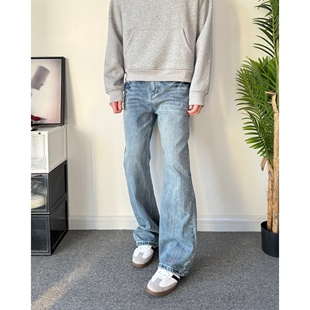 POPLAR CLASSIC冰蓝闪电纹复古牛仔裤男女cleanfit直筒微喇宽松