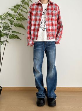 POPLAR CLASSIC 破坏复古流苏cleanfit长袖潮流宽松格子衬衫外套