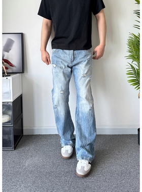 POPLAR CLASSIC 冰蓝色复古流苏破坏微喇牛仔裤517蓝牛cleanfit