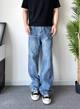 POPLAR CLASSIC闪电纹复古牛仔裤男女cleanfit直筒微喇宽松蓝牛