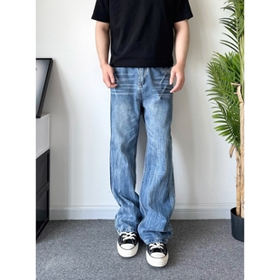 POPLAR CLASSIC闪电纹复古牛仔裤男女cleanfit直筒微喇宽松蓝牛