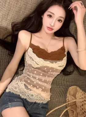 夏季蕾丝拼接网纱修身吊带背心