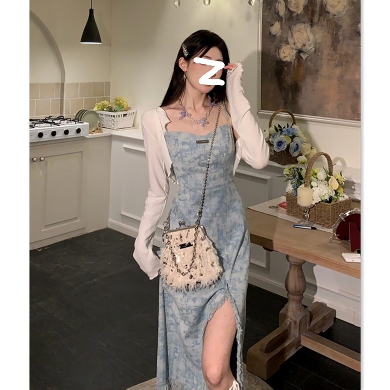 扎染碎花吊带牛仔连衣裙流苏开叉辣妹套装裙子女仙夏日多巴胺长裙