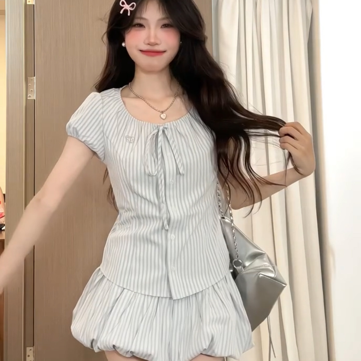 甜美奶乖软妹风套装女夏可爱少女收腰条纹短袖衬衫+花苞裙两件套