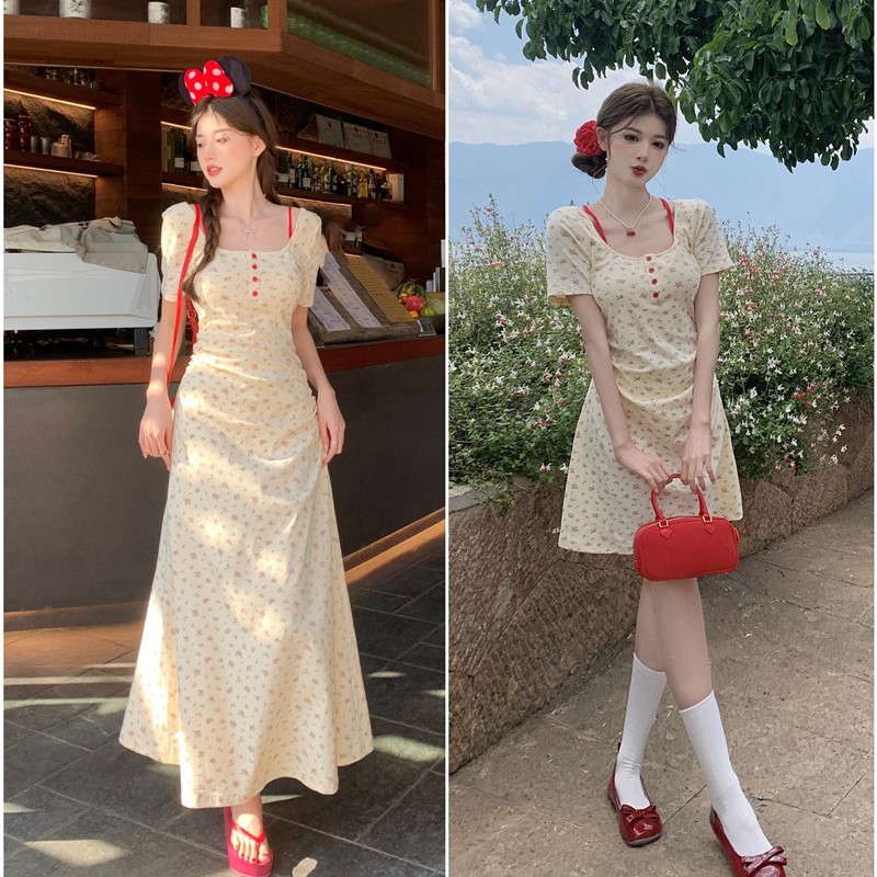 大码法式收腰连衣裙女夏