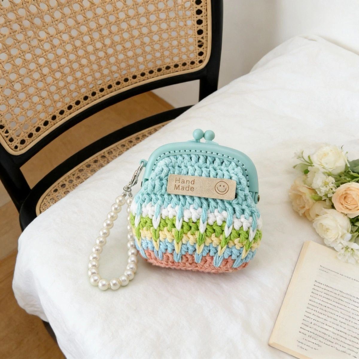 成品手工编织毛线钩织彩虹流光溢彩树脂口金马卡龙针织零钱包成品