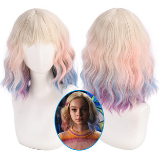 星期三小狼女COS假发蓝粉色渐变混色蛋卷短发依妮德辛克莱尔同款