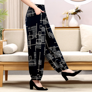 高腰宽松休闲民族风中老年网红花长裤 新款 夏季 妈妈棉绸灯笼裤