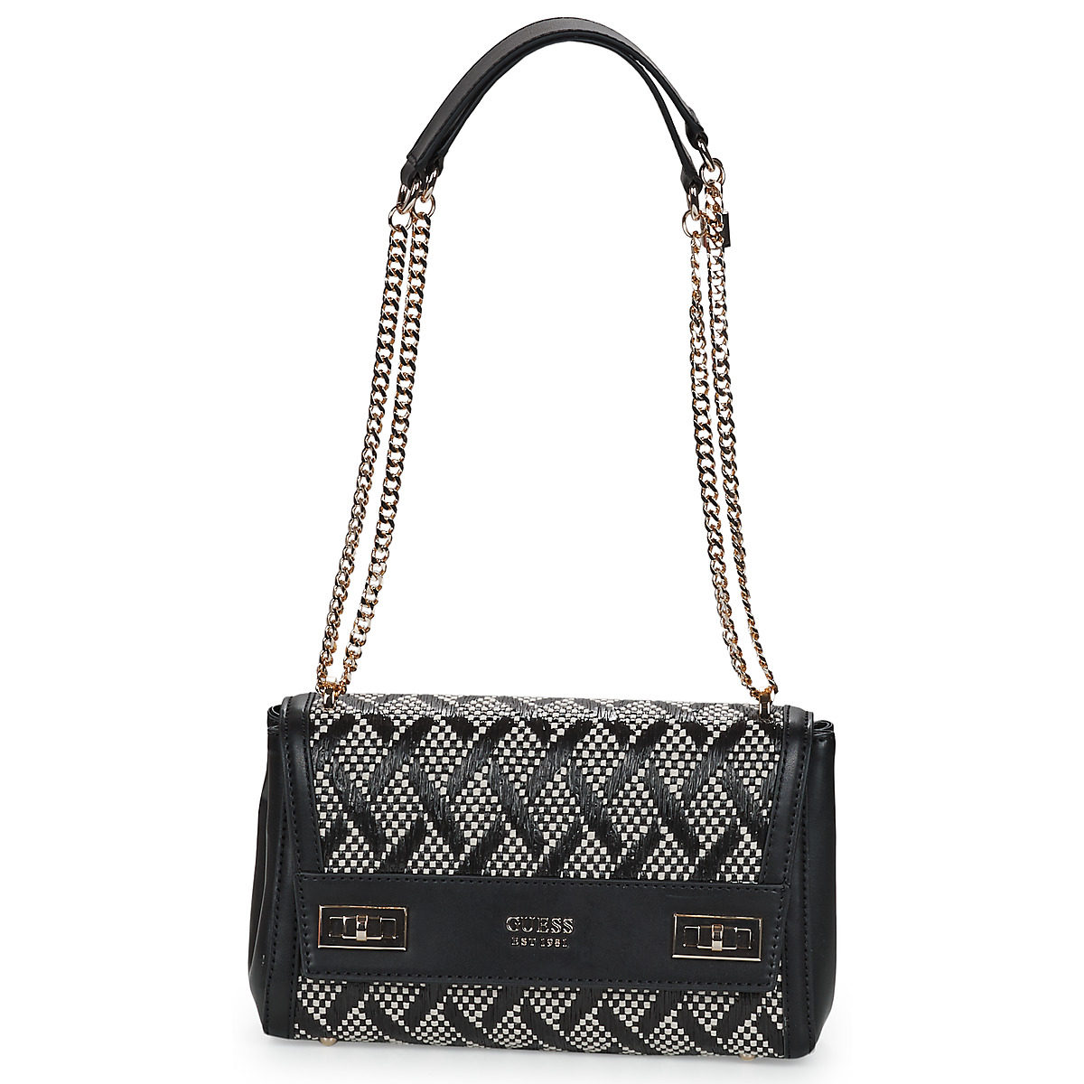 guess盖尔斯女包高级感翻盖式链条肩背包黑白色小方包2024新款