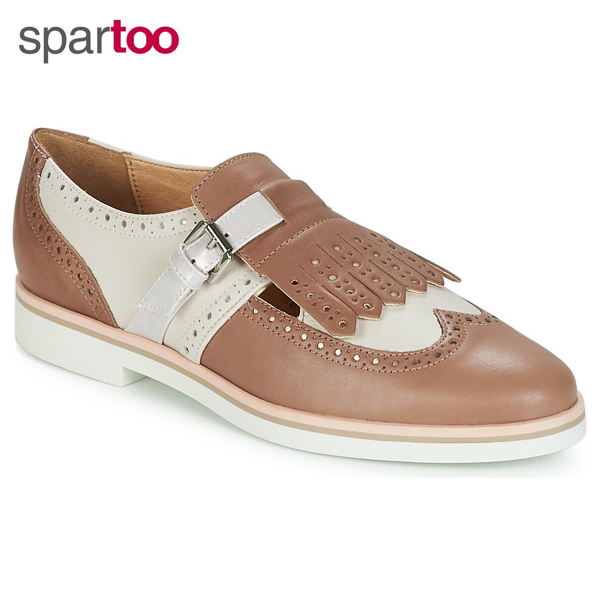 geox健乐士女鞋商务休闲德比鞋流苏皮鞋布洛克风沙色/白色春秋款