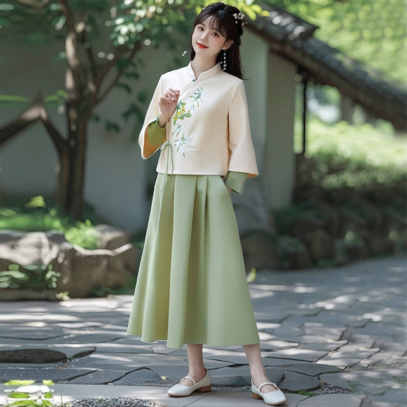 中式改良旗袍唐装上衣中国民族风鹿皮绒复古汉服茶艺服秋冬套装裙