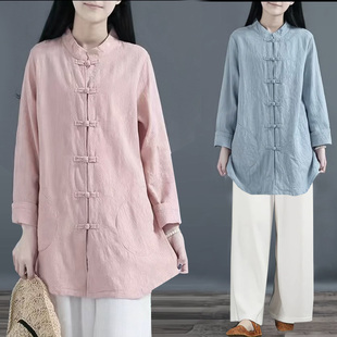大码茶艺服中式棉麻衬衫复古中国风开衫唐装上衣中医推拿按摩服装