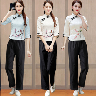 中式女唐装旗袍套装文艺复古民族国风上衣茶艺师美容养生工作汉服