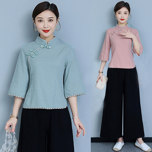 秋季汉服禅意女装改良旗袍唐装棉麻上衣中国风复古盘扣茶服两件套